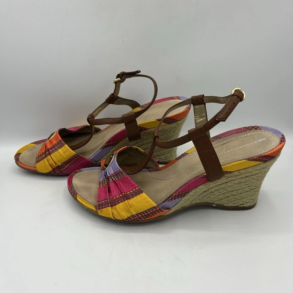 Rockport Womens Wedge Sandal Espadrile T-Strap Open Toe Leather Fabric 9 Striped